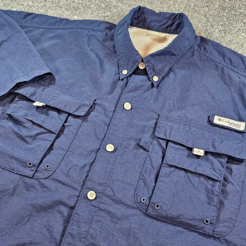 Columbia PFG Bahama II Mens XL Navy Blue Omni-Shade Short Sleeve Fishing Vented
